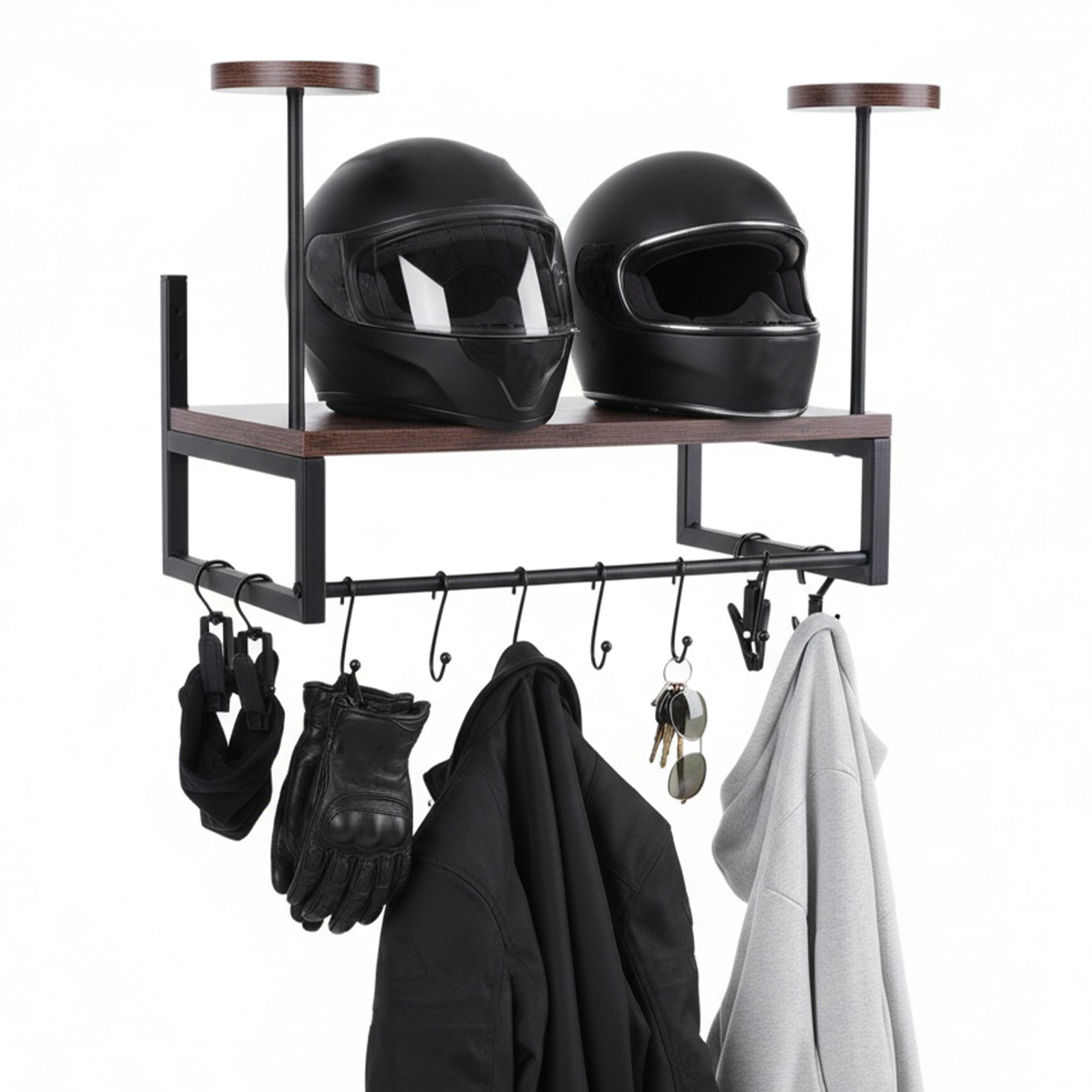 Motorcycle Gear Organizer - Wooden Motorcycle Helmet Holder with Hooks
